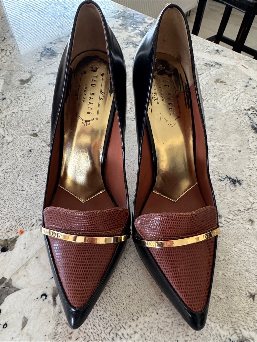 Ted Baker Black and Brown Pointed Toe Heels with Gold Trim - Picture 6 of 12